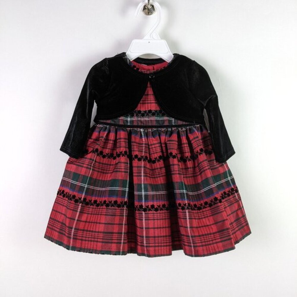 Pippa & Julie Girls 3/6M Plaid Holiday Dress & Black Velvet Bolero Jacket Outfit